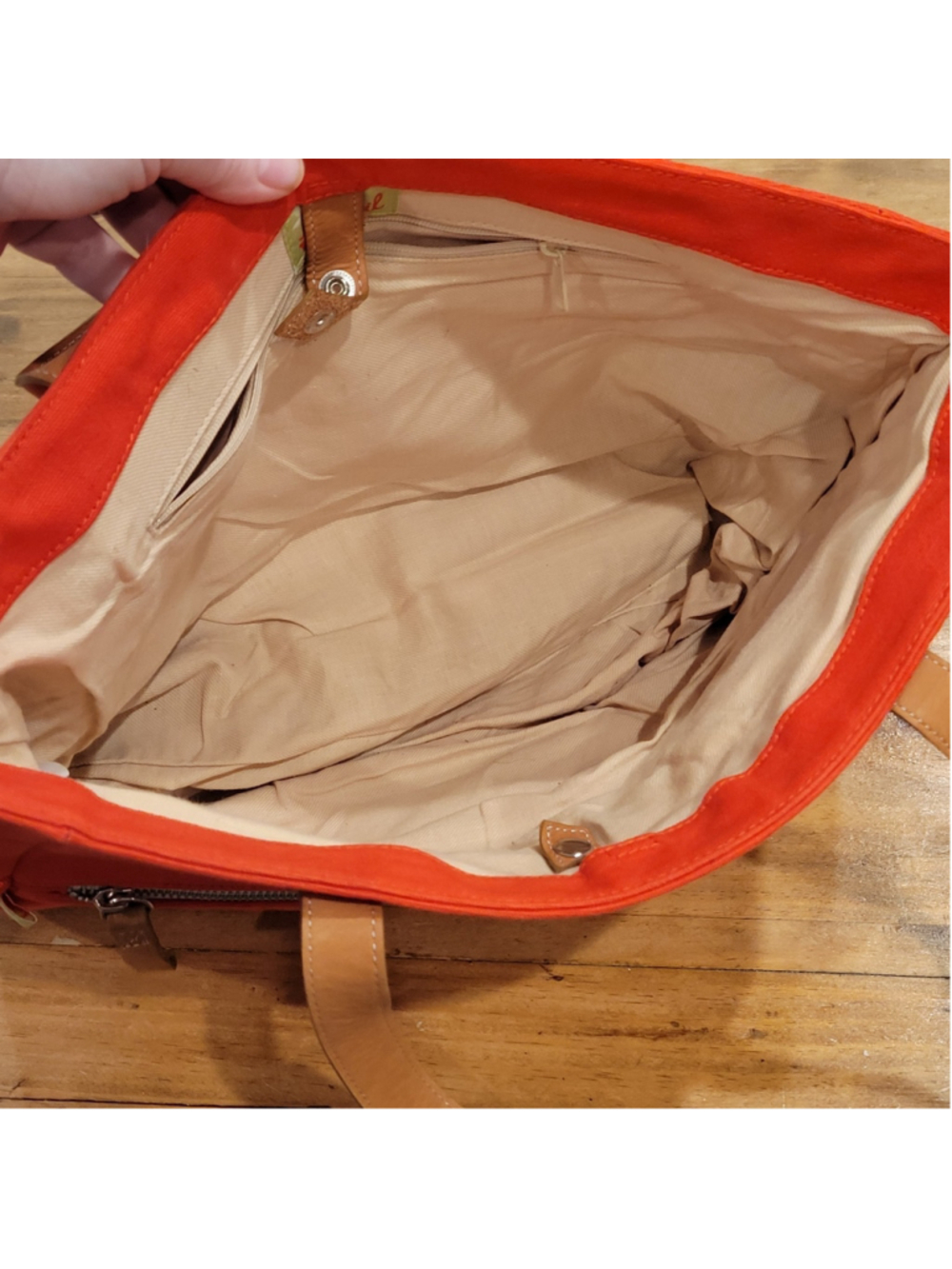 Fossil Orange Canvas Tote Bag Brown Leather Handles Shoulder Purse Zip Top - Picture 6 of 14